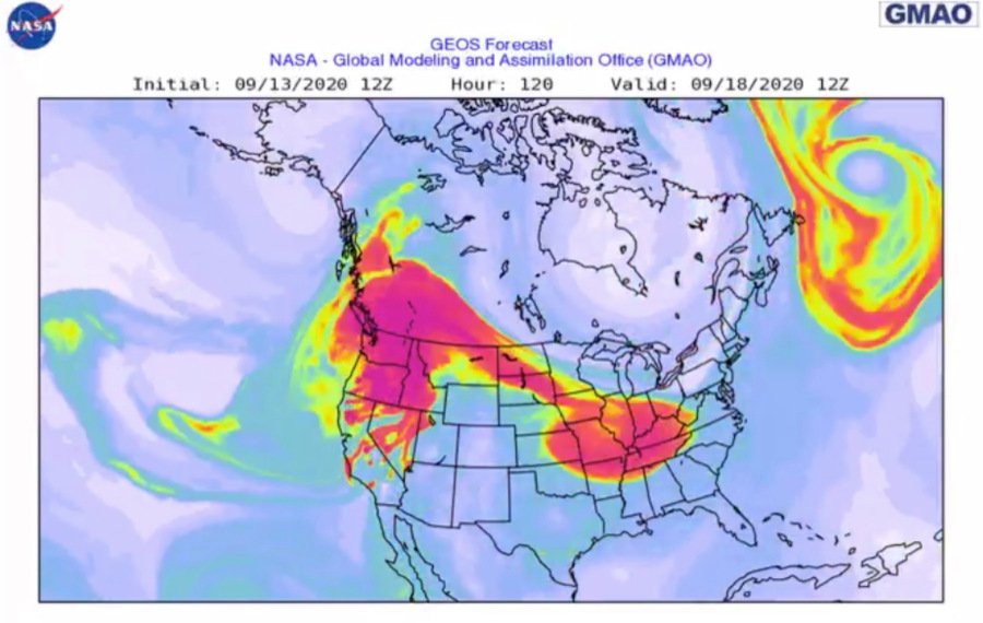 El modelo de la NASA predice que el humo de los incendios forestales se desplazará sobre casi todos los estados de Estados Unidos