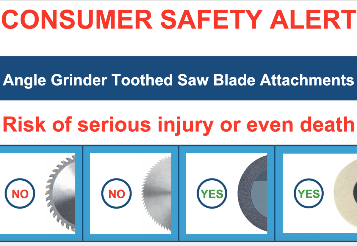 Safety alert over angle grinder toothed saw blade attachments